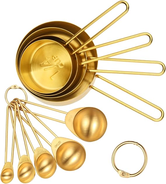 9Pcs Gold Measuring Cups and Spoons Set,Stackable Stainless Steel Measuring Cups with Long Handle，Golden Kitchen Utensils for Dry and Liquid Ingredients
