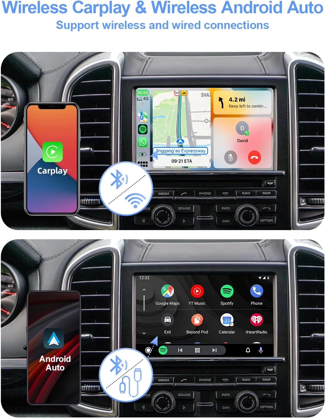 Wireless CarPlay and Wireless Android Auto interfaces displayed on a car's infotainment screen, showing support for both wireless and wired connections.
