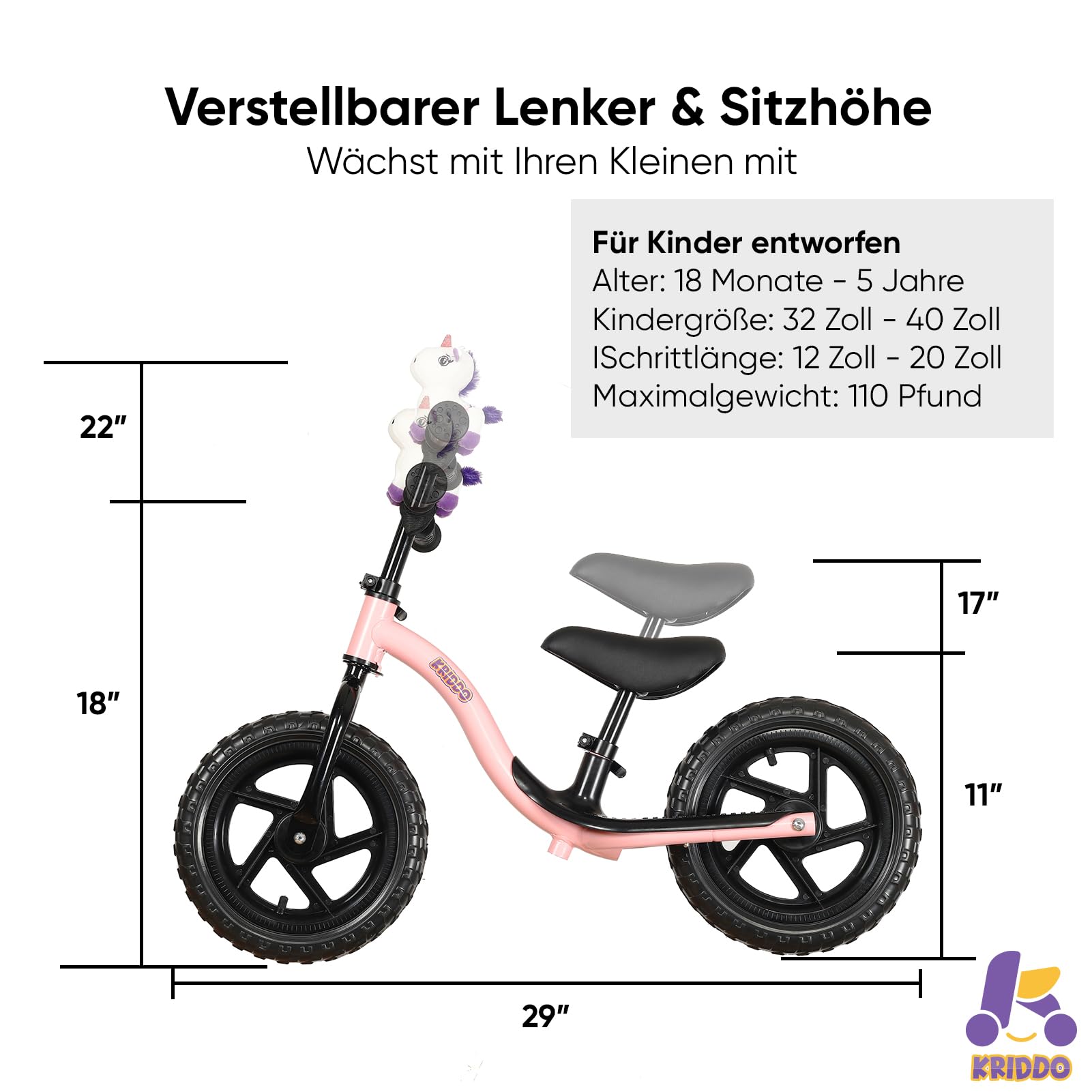 KRIDDO Kinder Laufrad ab 2 Jahre, Lauflernrad ab 18 Monaten bis 5 Jahren, interaktives Balance-Fahrrad mit Fußstütze und Lenker, Geschenk für Jungen und Mädchen zum Geburtstag, Baby Spielzeug | 2 Jahre