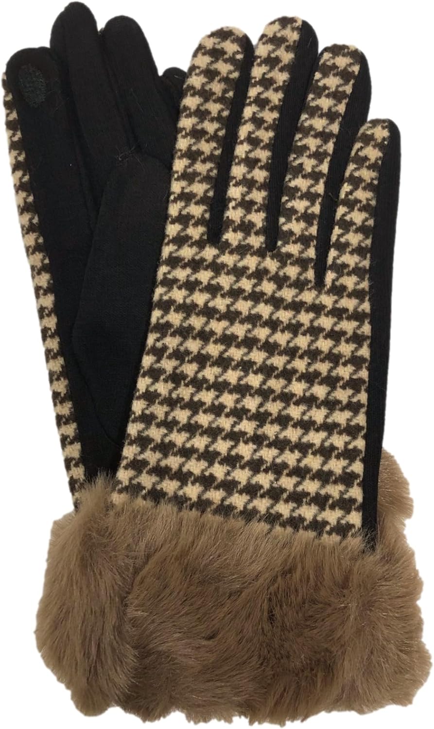 Original USA Womens Brown Houndstooth Faux Fur Stretch Fit Texting & Tech Touchscreen Gloves