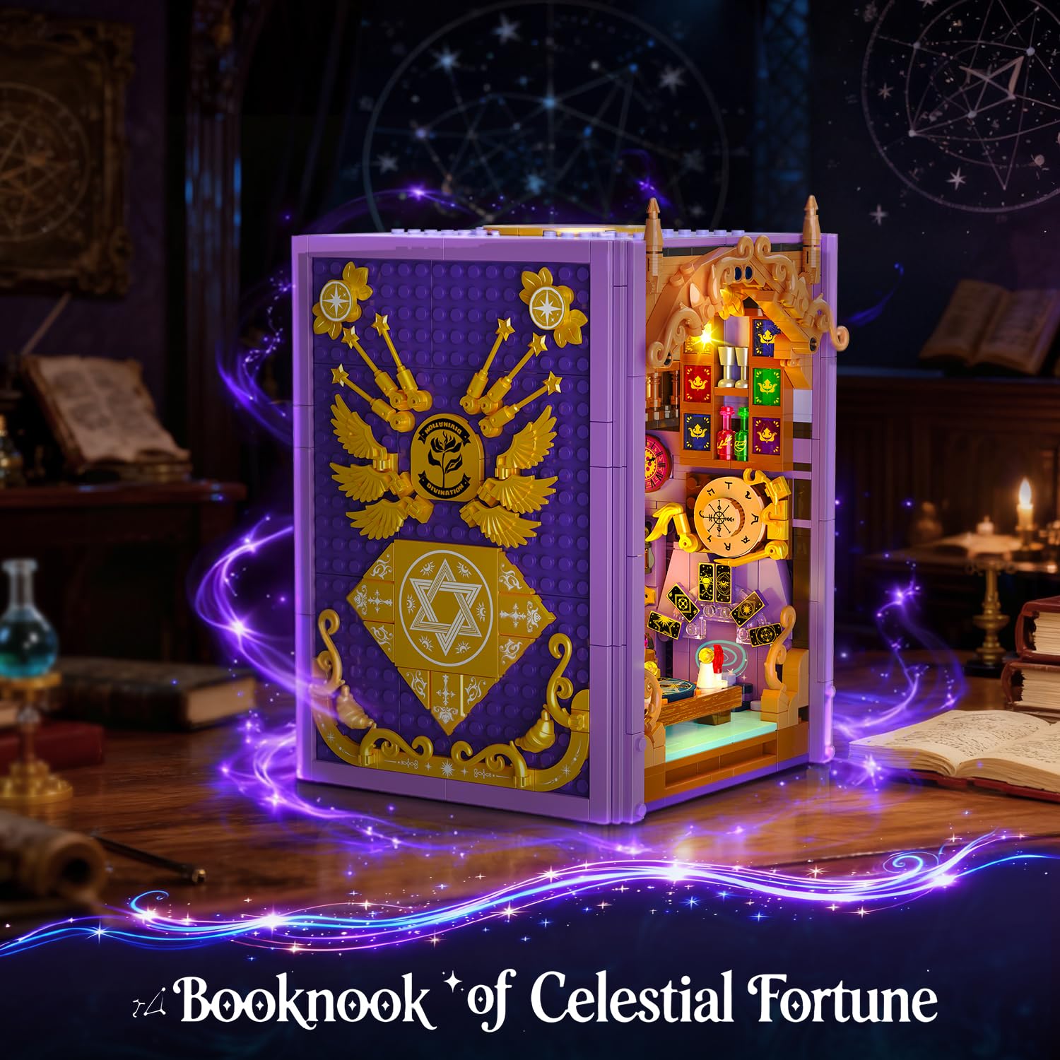 INSOON Oráculo místico libro Nook juguete de construcción con luz recargable, 1447 piezas DIY magia Booknook bloques de construcción como decoración del hogar, miniatura casa de libros, juego de