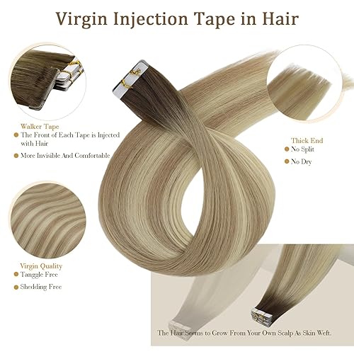 Miniatura 3 de Full Shine - Extensiones de cabello humano virgen inyectadas en cinta adhesiva sin costuras, balayage, color 2 (castaño) que degrada a 18 (rubio