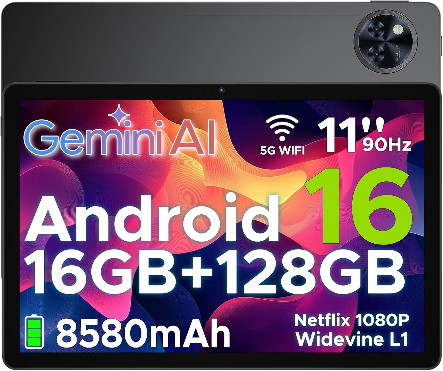 U11 Android 16 Tablet 11 Pollici Gemini AI 16GB RAM +128GB ROM (2TB TF) 8580mAh,Unisoc T7200 Octa-Core 13MP+5MP Gaming Tablet PC WIFI 5/ GMS/ WidevineL1/GPS/Face ID/OTG/ 3.5mm Audio,Nero