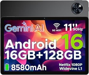 U11 Android 16 Tablet 11 Pollici Gemini AI 16GB RAM +128GB ROM (2TB TF) 8580mAh,Unisoc T7200 Octa-Core 13MP+5MP Gaming Tablet PC WIFI 5/ GMS/ WidevineL1/GPS/Face ID/OTG/ 3.5mm Audio,Nero
