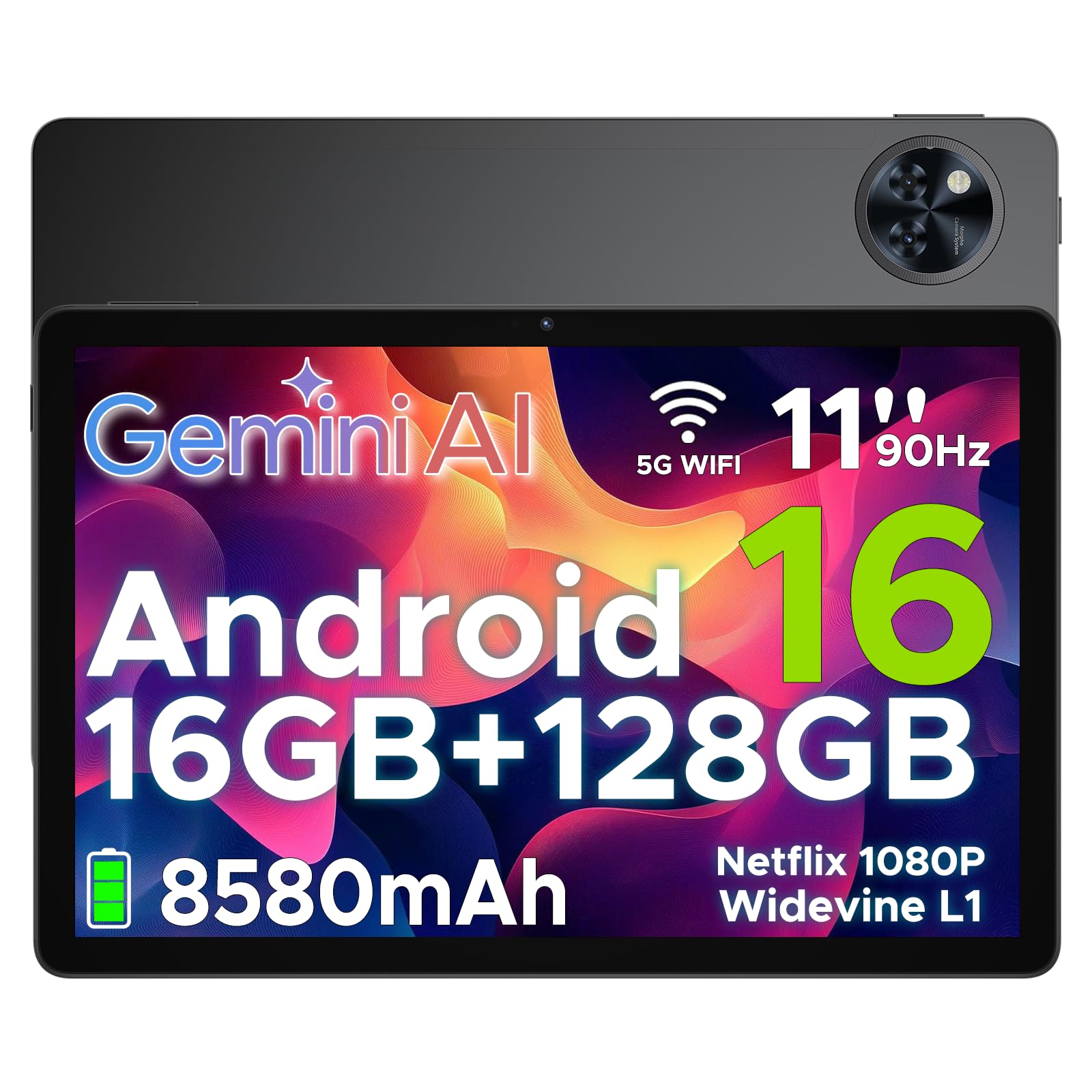 U11 Android 16 Tablet 11 Pollici Gemini AI 16GB RAM +128GB ROM (2TB TF) 8580mAh,Unisoc T7200 Octa-Core 13MP+5MP Gaming Tablet PC WIFI 5/ GMS/ WidevineL1/GPS/Face ID/OTG/ 3.5mm Audio,Nero
