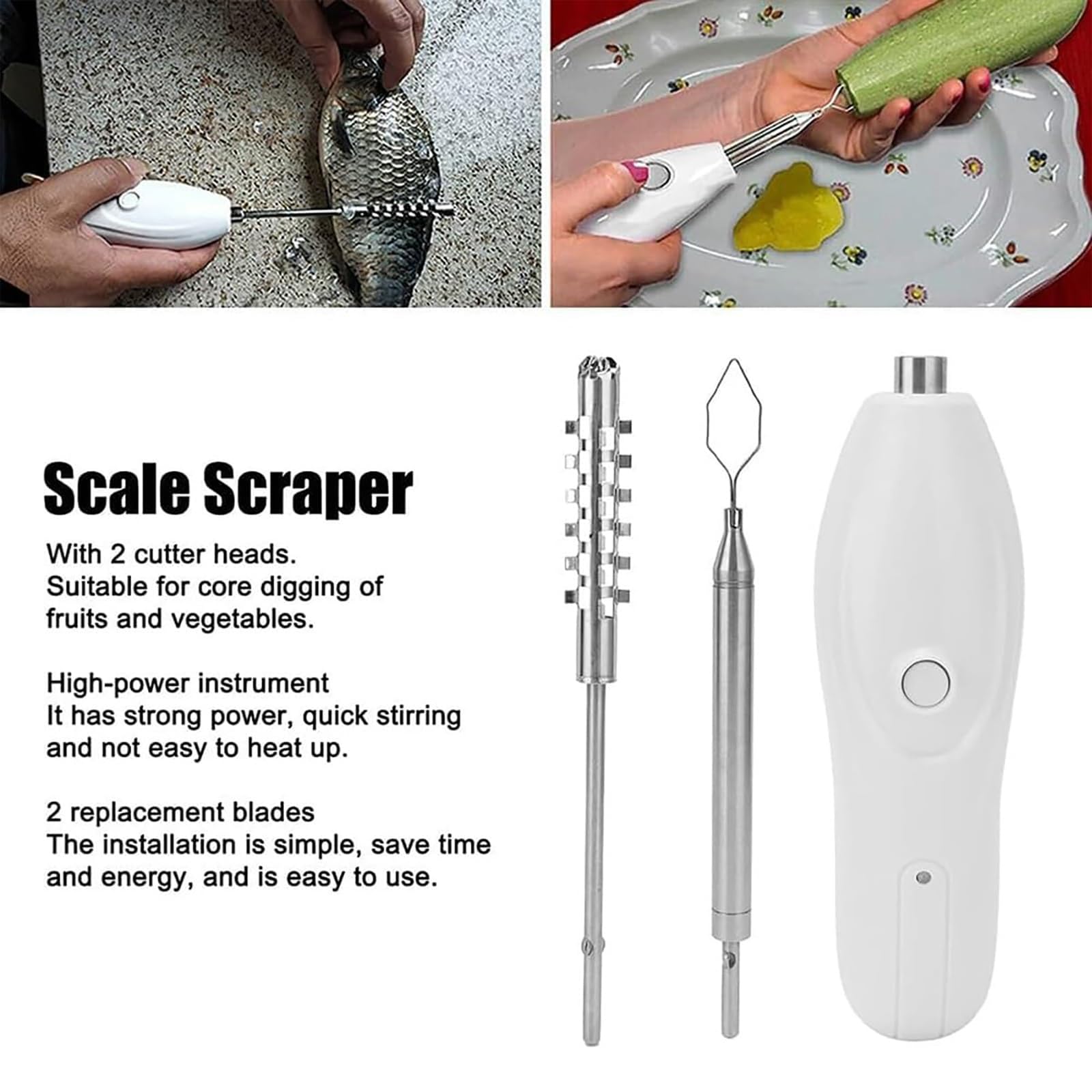 Descorazonador eléctrico de verduras y pescado, máquina de raspado inalámbrica con 2 cabezales de corte de acero inoxidable, descorazonador de frutas y calabacín para mariscos, pepino y frutas
