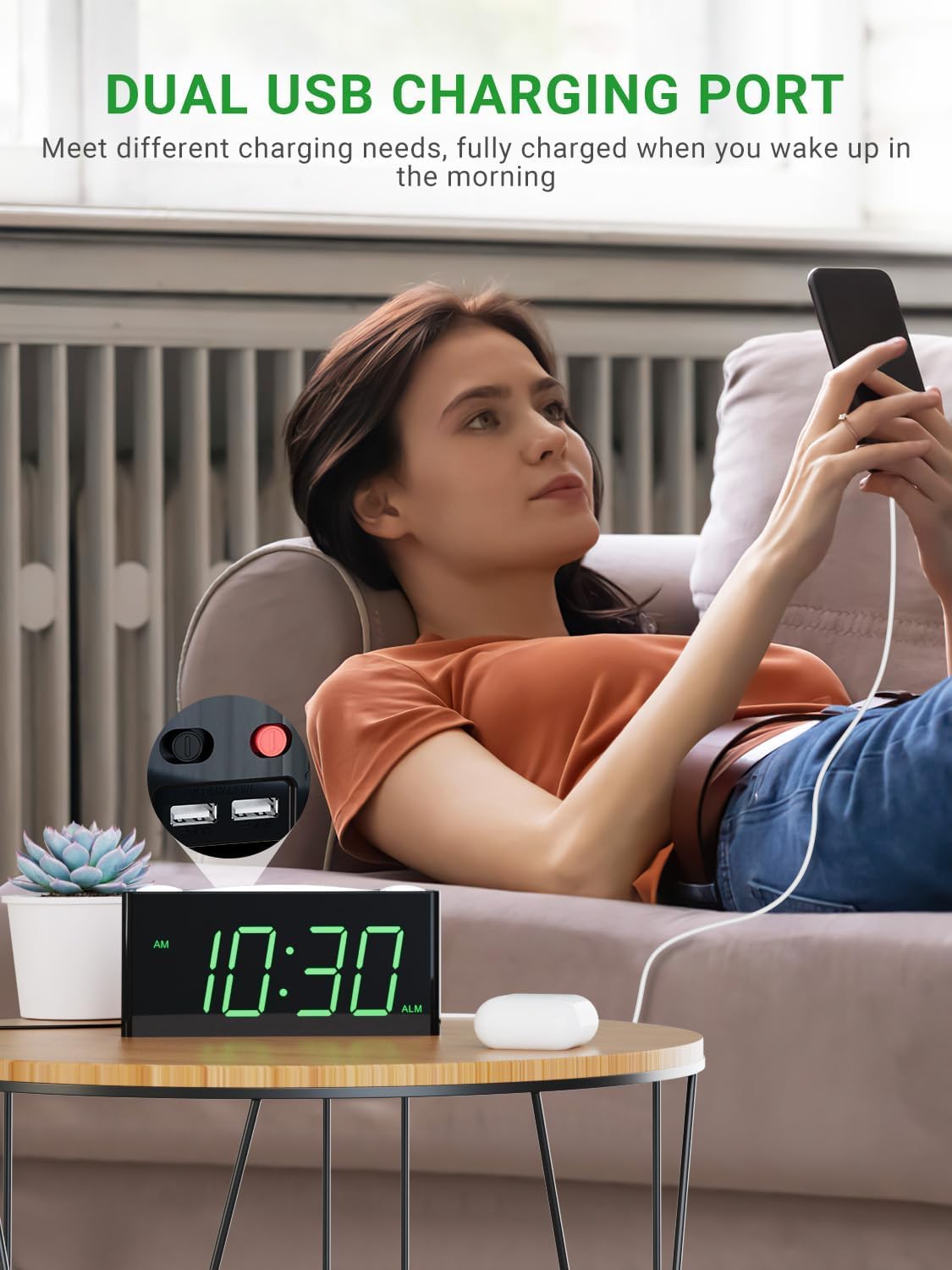 Dual USB charging ports on the alarm clock