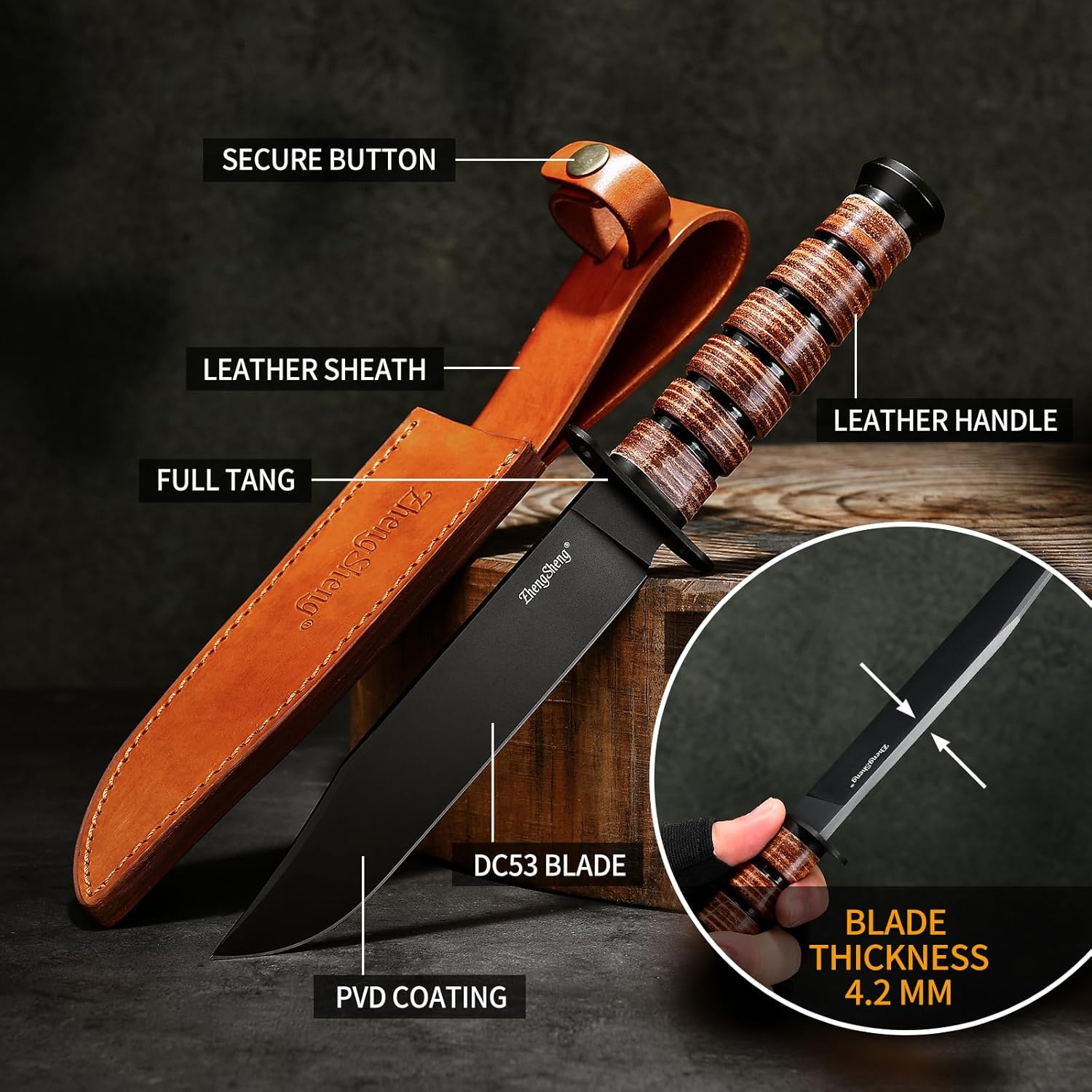 ZhengSheng 7.0 inches Fixed Blade Knife - Perfect PVD Titanium Coating DC53 Steel Blade Bowie Knife with Leather Sheath for Camping, Hiking, Survival