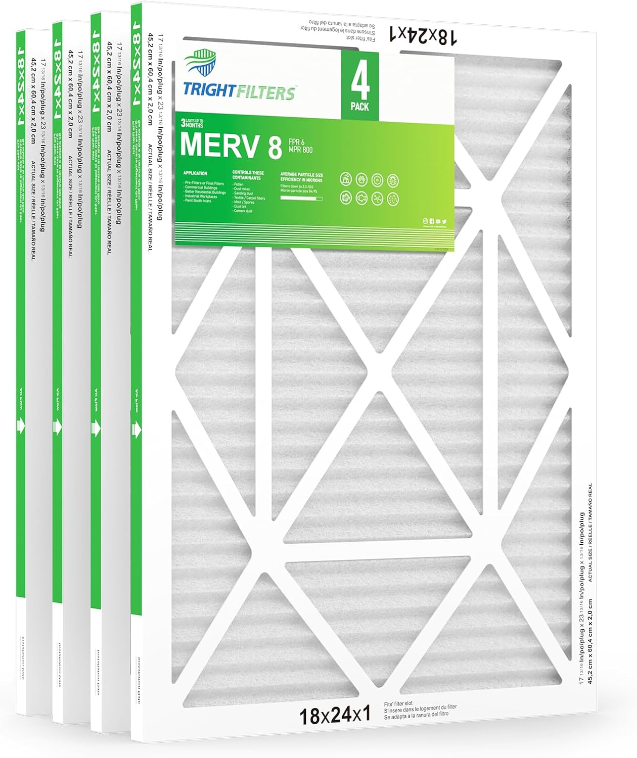 18x24x1 Air Filter 4 Pack, MERV 8 Pleated Dust Defense Air Filters Replacement for Air Conditioner & Furnace, Durable & Lightweight