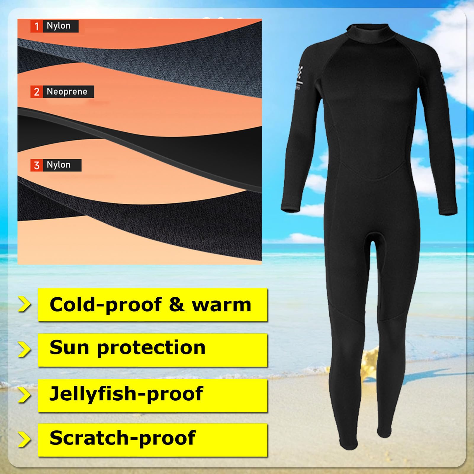 TOVCHEI 3MM Neoprene Wetsuit for Men Back Zipper One-Piece Diving Suit Anti-UV Jellyfish Suit for Swimming Surfing Snorkeling,Black,S