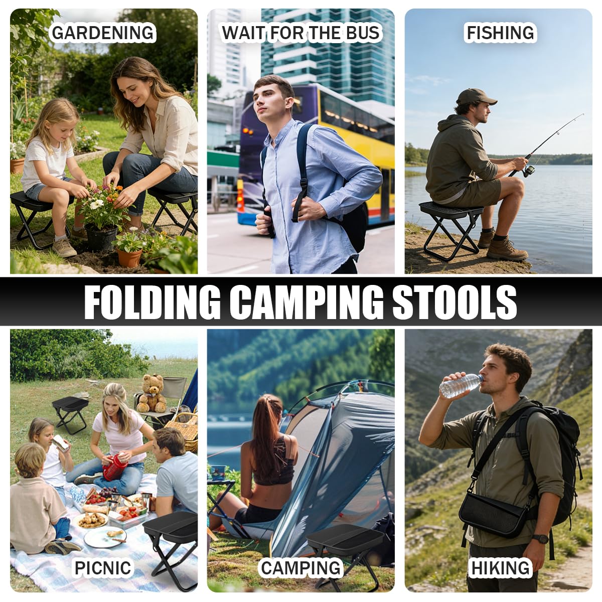 Sedia Pieghevole Portatile, Mini Sedia Pieghevole per Esterni con Tracolla e Sacchetto a Rete, Sgabello Pieghevole da Campeggio per Viaggi Escursionismo Giardino Pesca Barbecue (Black)