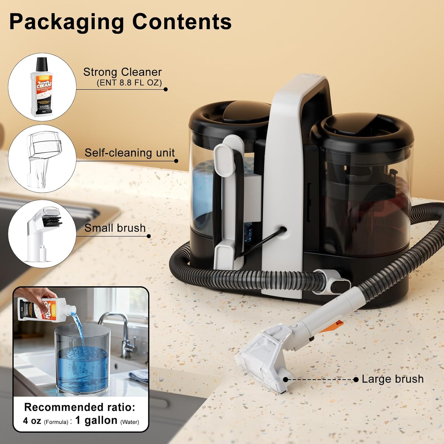 EYEFEAT W07-1 Package Contents including main unit, hose, brush tools, and cleaning solution.