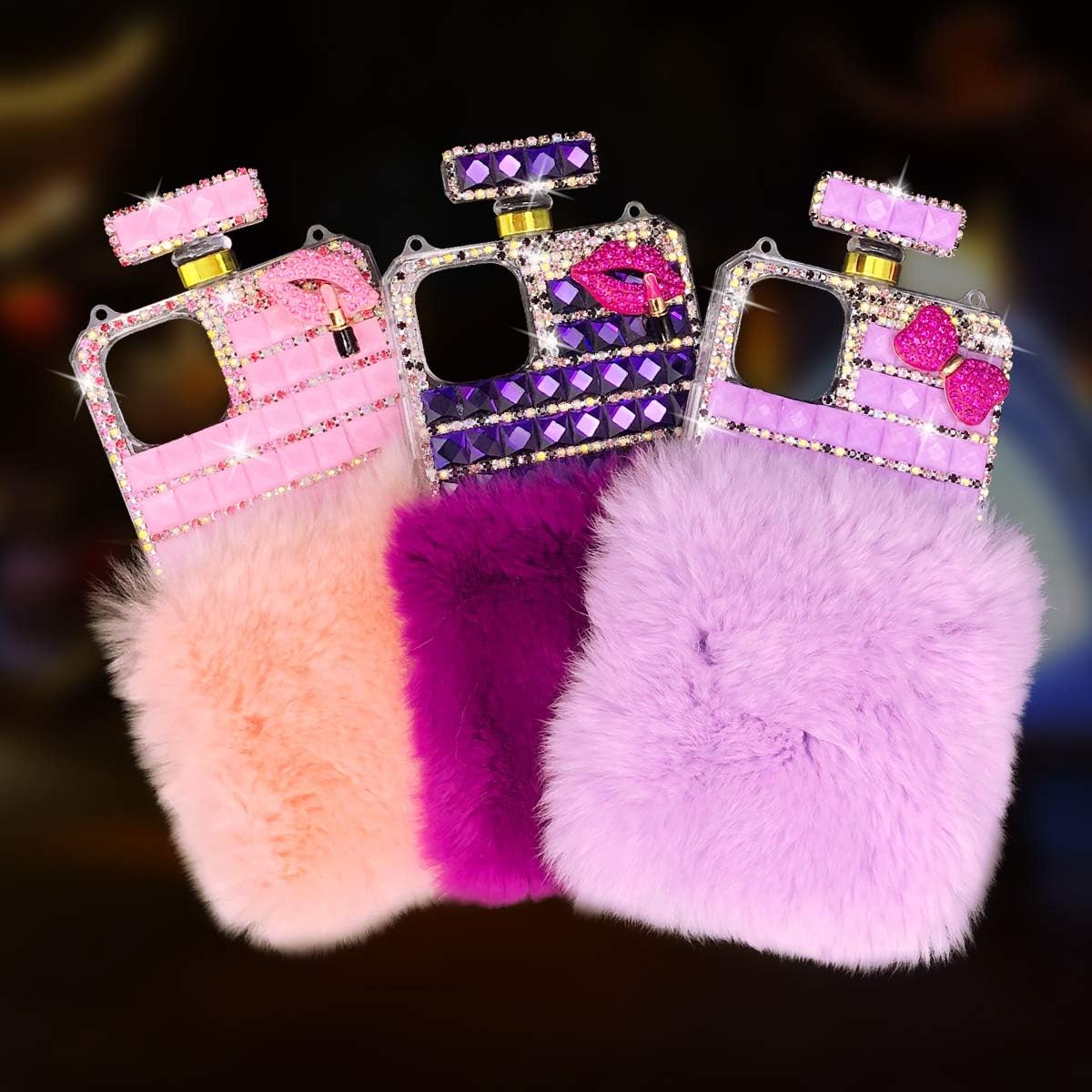 LUVI for iPhone 11 Plush Case Bling Diamond Glitter Crystal Rhinestone 3D Flower Perfume Bottle Cover with Neck Strap Crossbody Chain Case Furry Fuzzy Hair Case for Girls Pink
