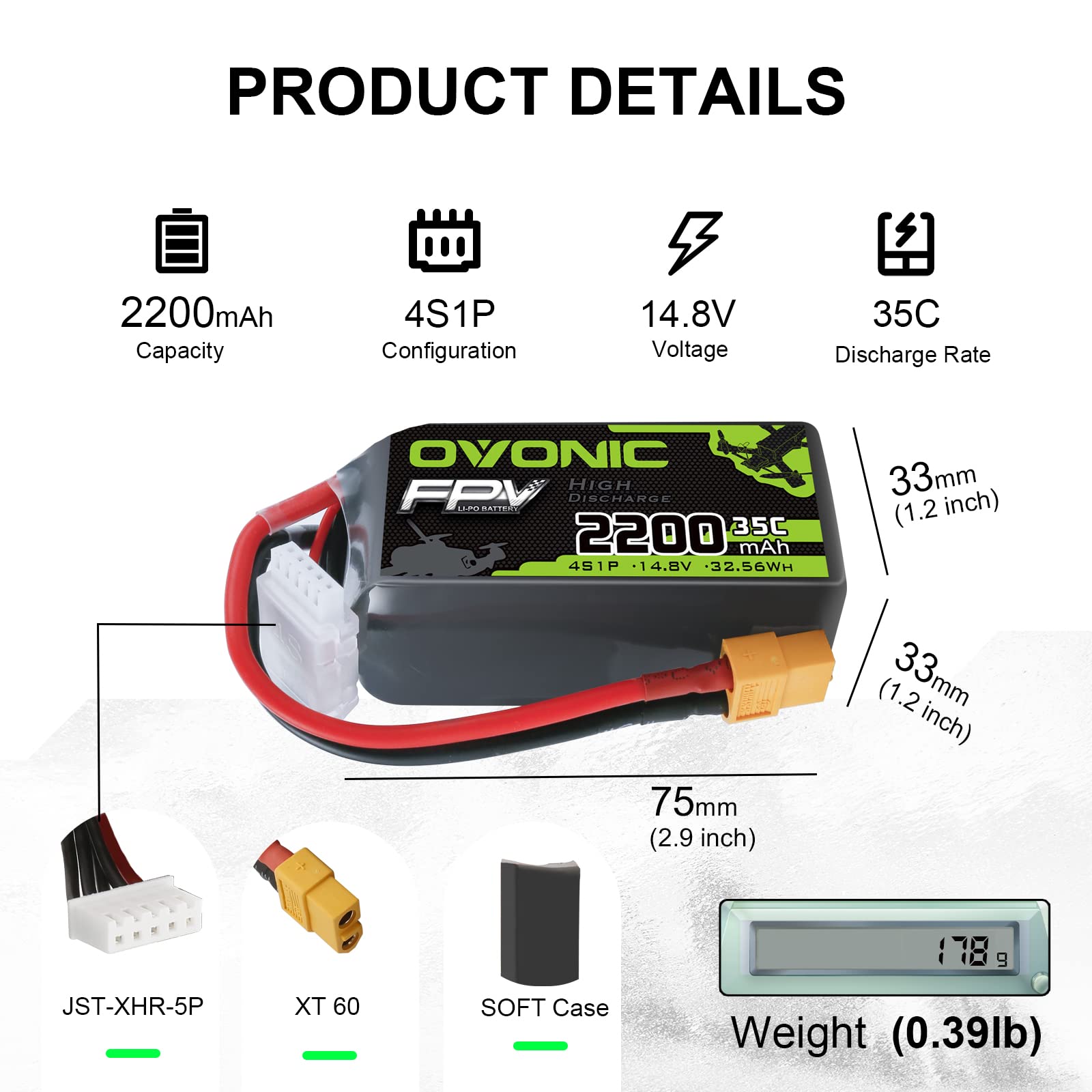 OVONIC Batteria LiPo 4S, 2200 mAh, 35C, 14,8 V, con spina XT60, per aereo Heli FPV RC Car RC (2 pezzi)