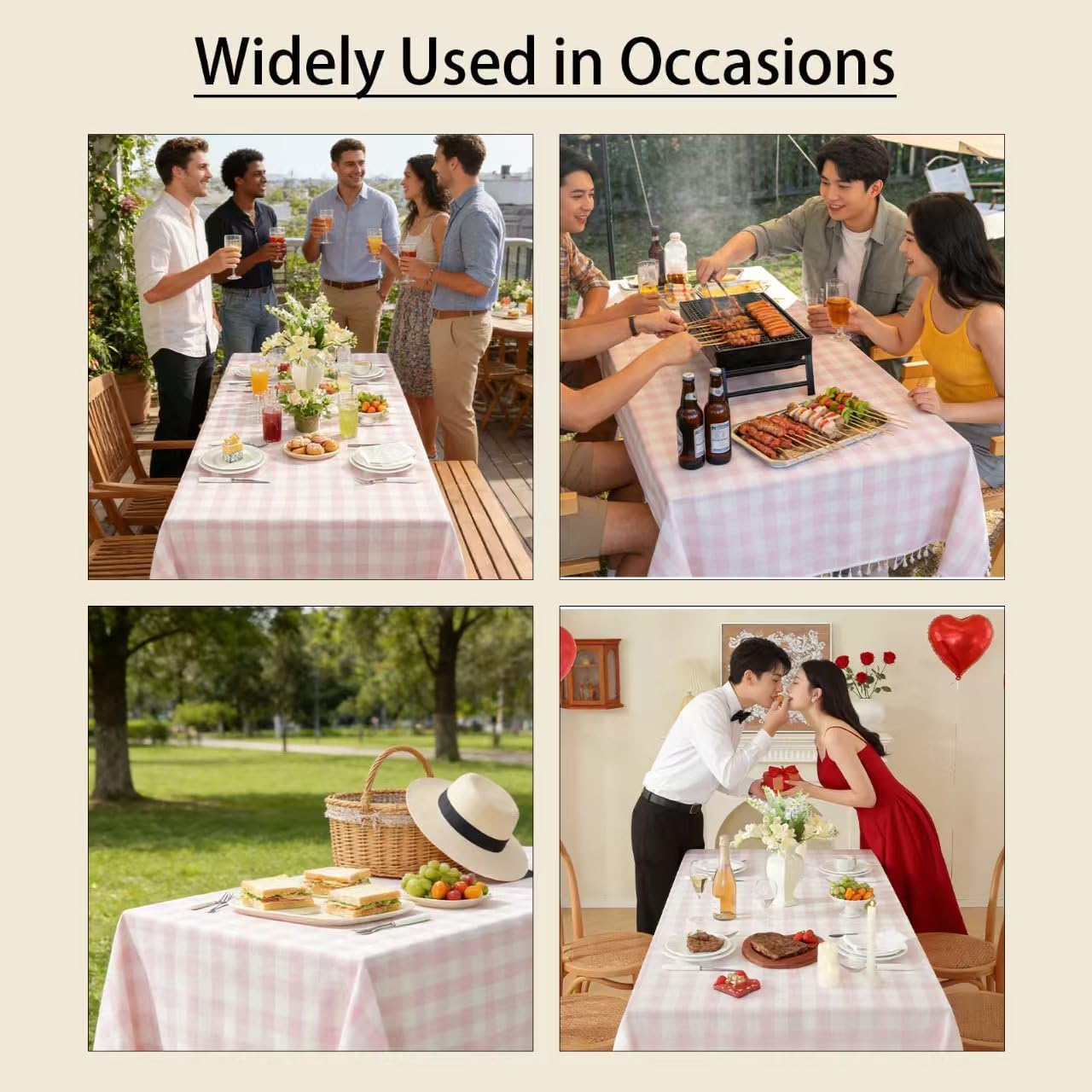 Gingham Tablecloth Rectangular, Tassels Checkered Table Cloth Washable Cotton Linen Plaid Table Cover for Spring Summer Kitchen Dining Party,Pink and White,55x120