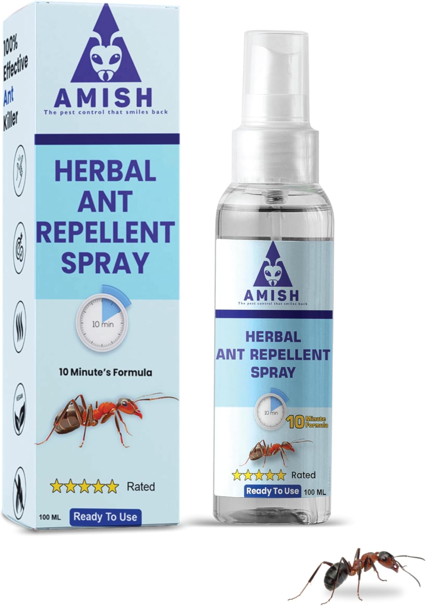 Amish Herbal Ant Spray 100ml (Pack of 1) | 10-Minute Action Formula | Eliminates Complete Ant Infestation & 21 Types of Ants | Powerful 100% Organic, Chemical-Free Repellent for Home, Kitchen, Office & Garden