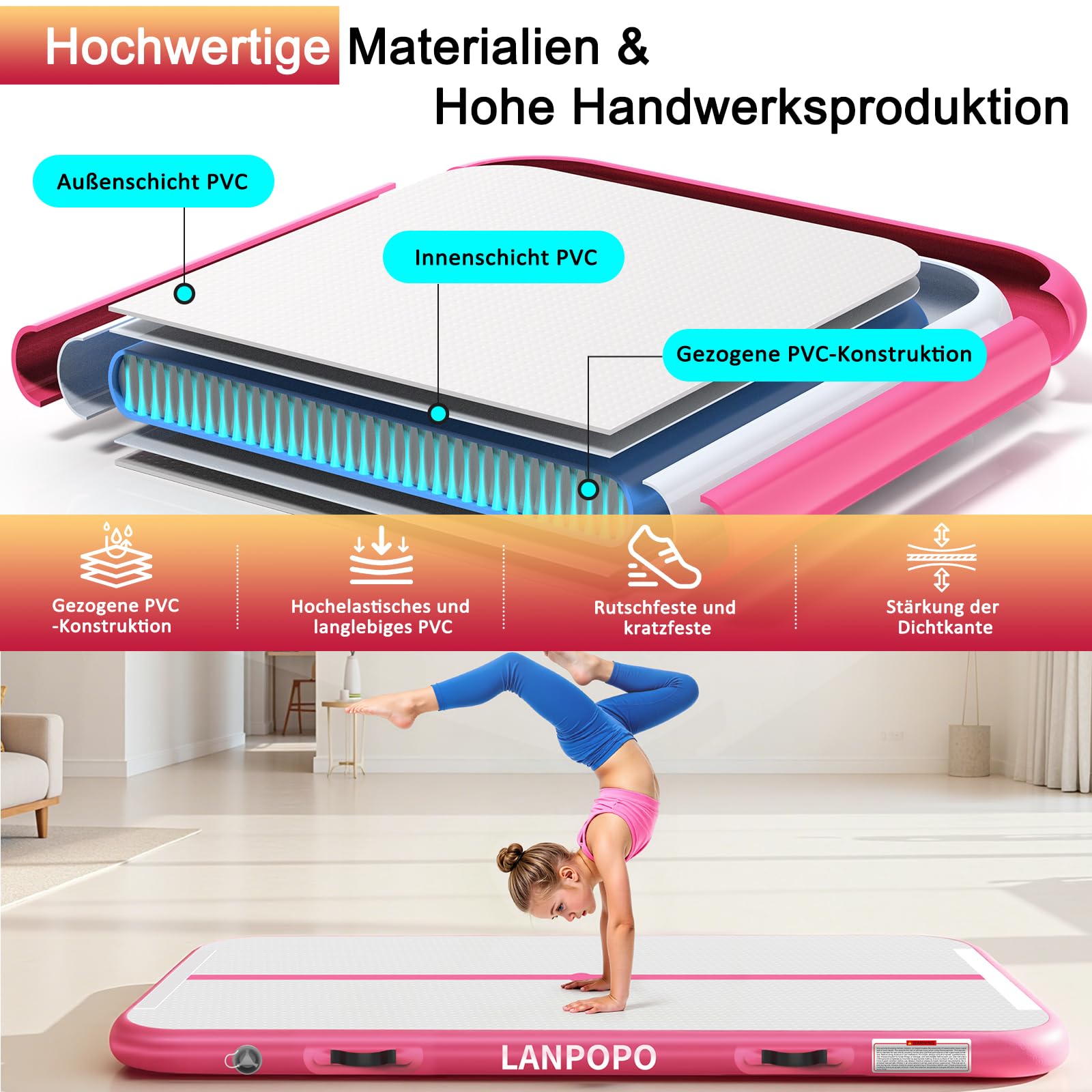 Airtrack Gymnastikmatte – Aufblasbare Turnmatte 2M/3M/4M/5M in Pink, Luftdicht, Weich Aber Stabil, Einfach Aufzubauen & zu Verstauen – Für Kinder, Zuhause, Yoga, Cheerleading & Wasserspaß