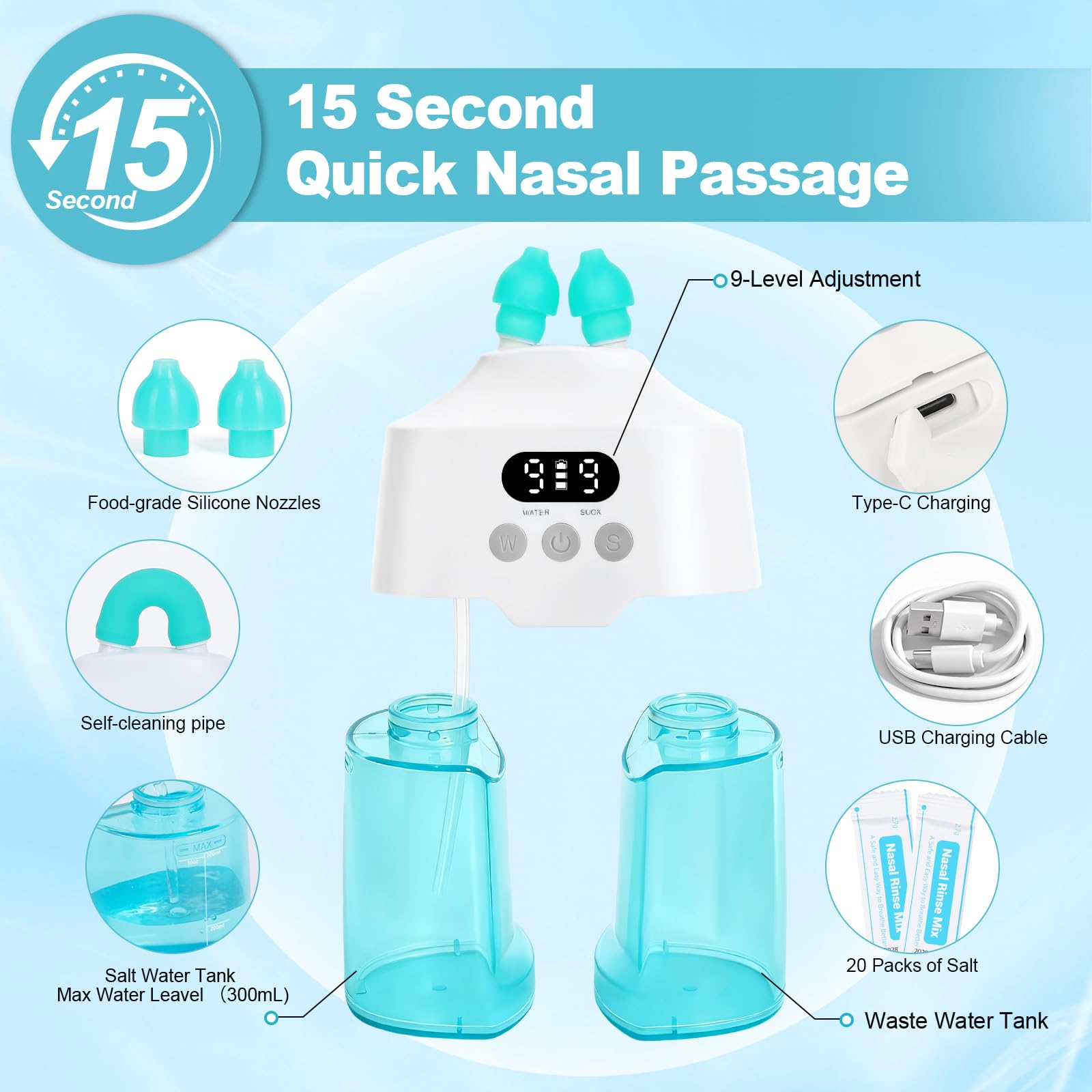 Nasal Irrigation System Electric Nasal Irrigator Smart Display Nasal Sinus Rinse Machine | Dual Water Tanks 9 Suction & Water Flow Modes, Sinus Relief Runny Nose, Nasal Congestion, Itching Nose — Amazon image 4