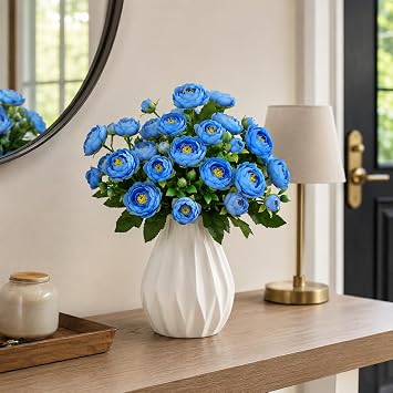 Blue Artificial Flowers Outdoor 28 cm Fake Camellia with Stems Decoration Camellia Beautiful Faux Flower Table Decorations Floral Arrangement 0907