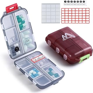 M MUchengbao Travel Pill Organizer Pocket Pharmacy ，with 3 Types of Labels 10 Compartments Small Fold Pill Box BPA-Free Daily Travel Pill Case Medicine Organizer for Store (Gray+ Red)