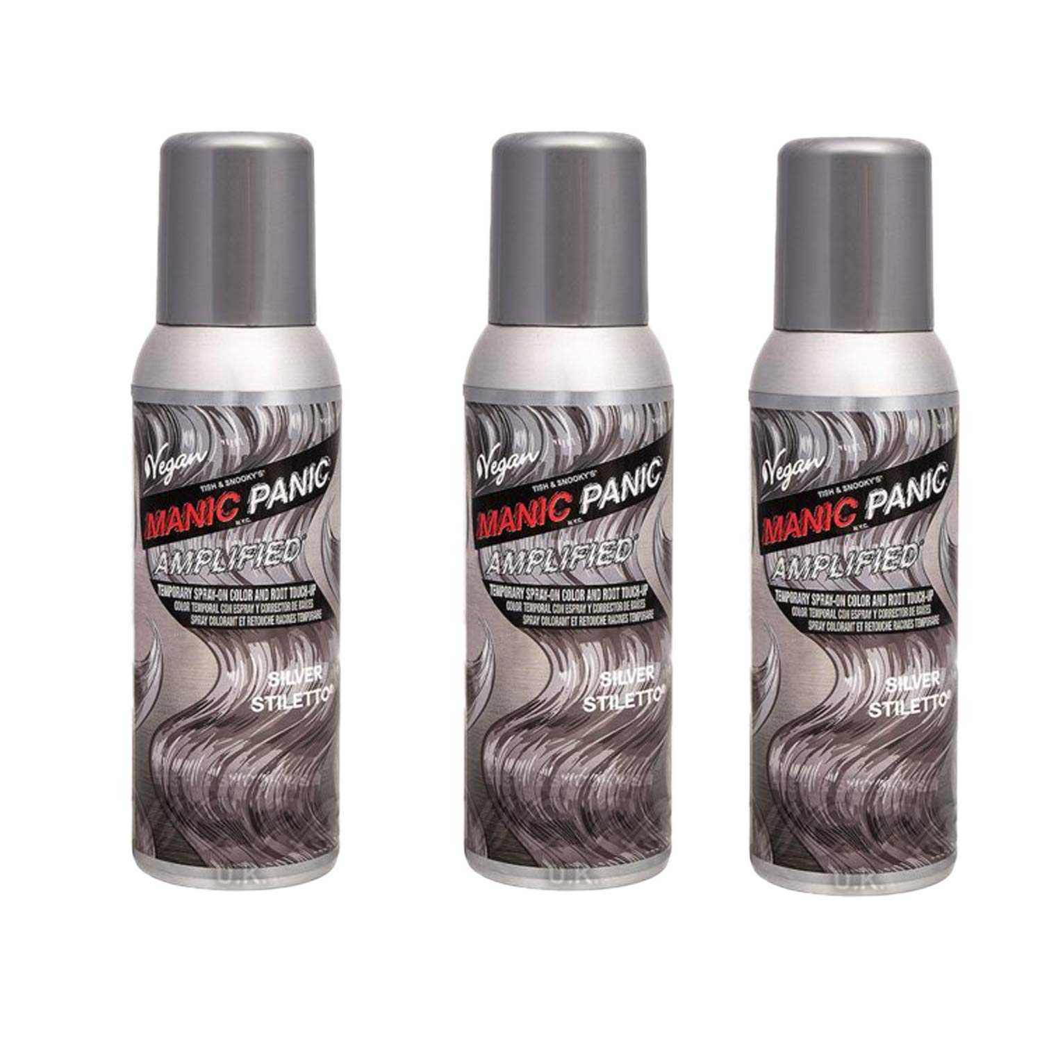 Manic Panic Silver Stiletto Color Spray, wegańska i nietestowana na zwierzętach tymczasowa srebrna farba do włosów, 3 x 100 ml