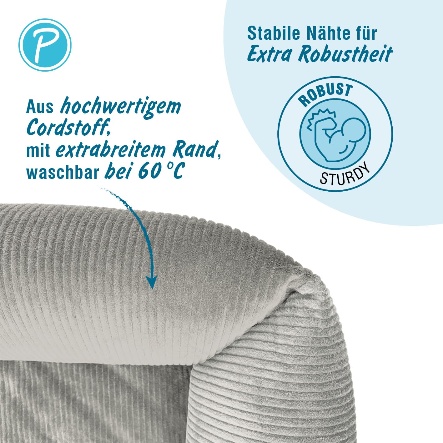 Petlando orthopädisches Hundebett, ergonomisches Hundesofa, Stabiler Rand, rutschfest, weicher Cord Bezug waschbar bei 60°C, Dog Bed LikeOrtho Luke Grau, S für kleine Hunde L 80 x B 60 x H 25 cm