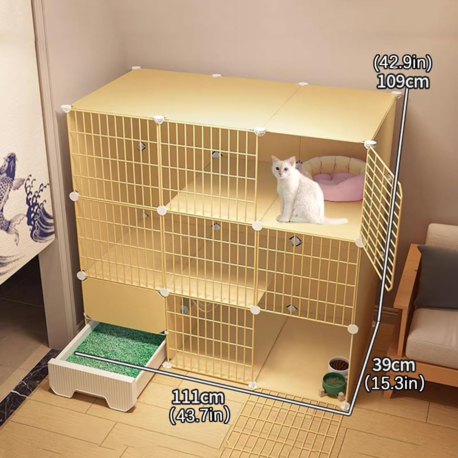 Cat Enclosures, Cat Playpen, Cat Cage Indoor, Cat Enclosures with Litter Box, DIY Cat Playpen Detachable, Easy to Install, Yellow, Wide 15.3 Inches(43.7x15.3x42.9in)
