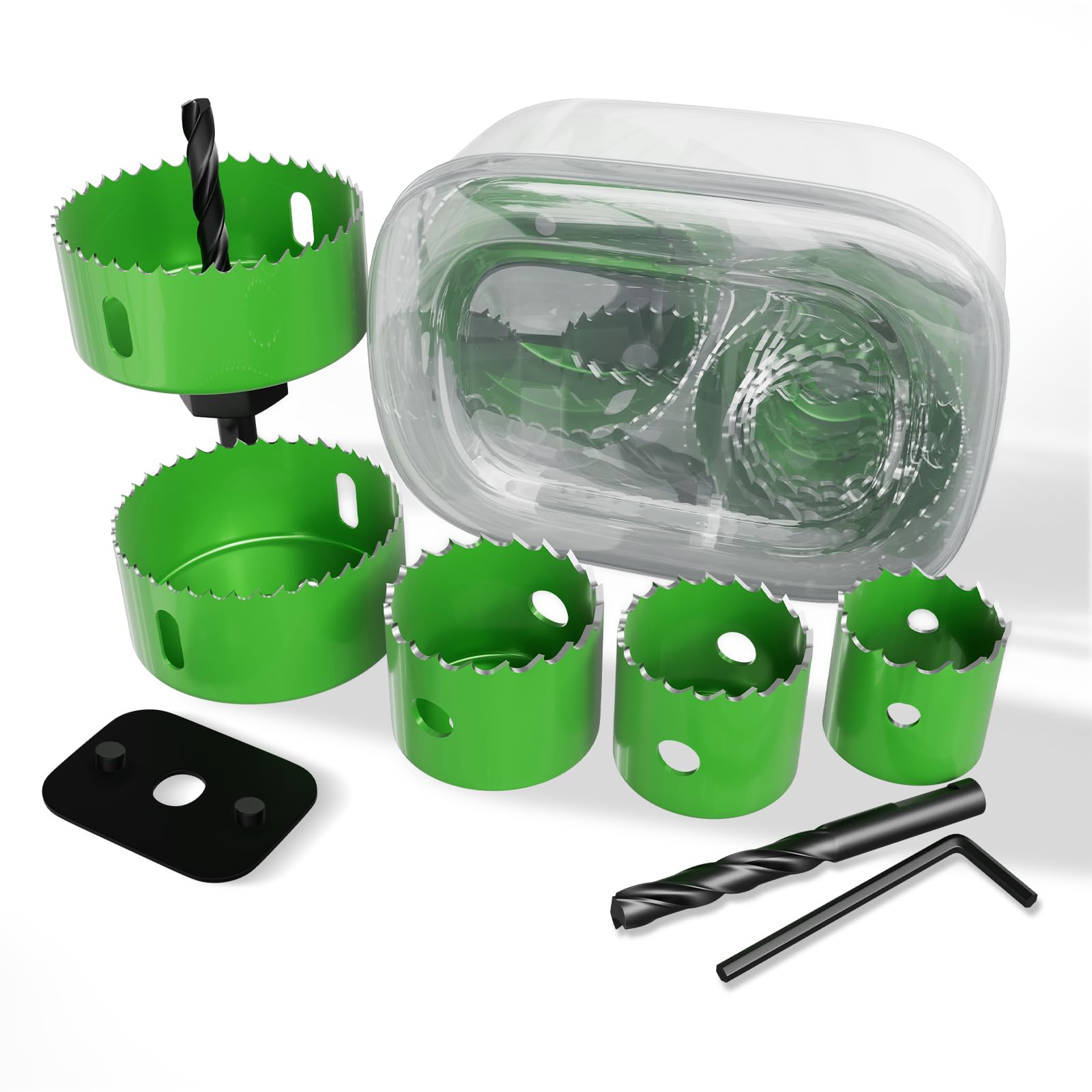 Hole Saw Set, 9PCS 25-54mm Hole Cutter Set Carbon Steel Downlights Drill Bit Tools for Soft Wood, Plasterboard, Plastic Ultra-Sharp Teeth Quick-Change Arbor, Includes Mandrel & Hex Key