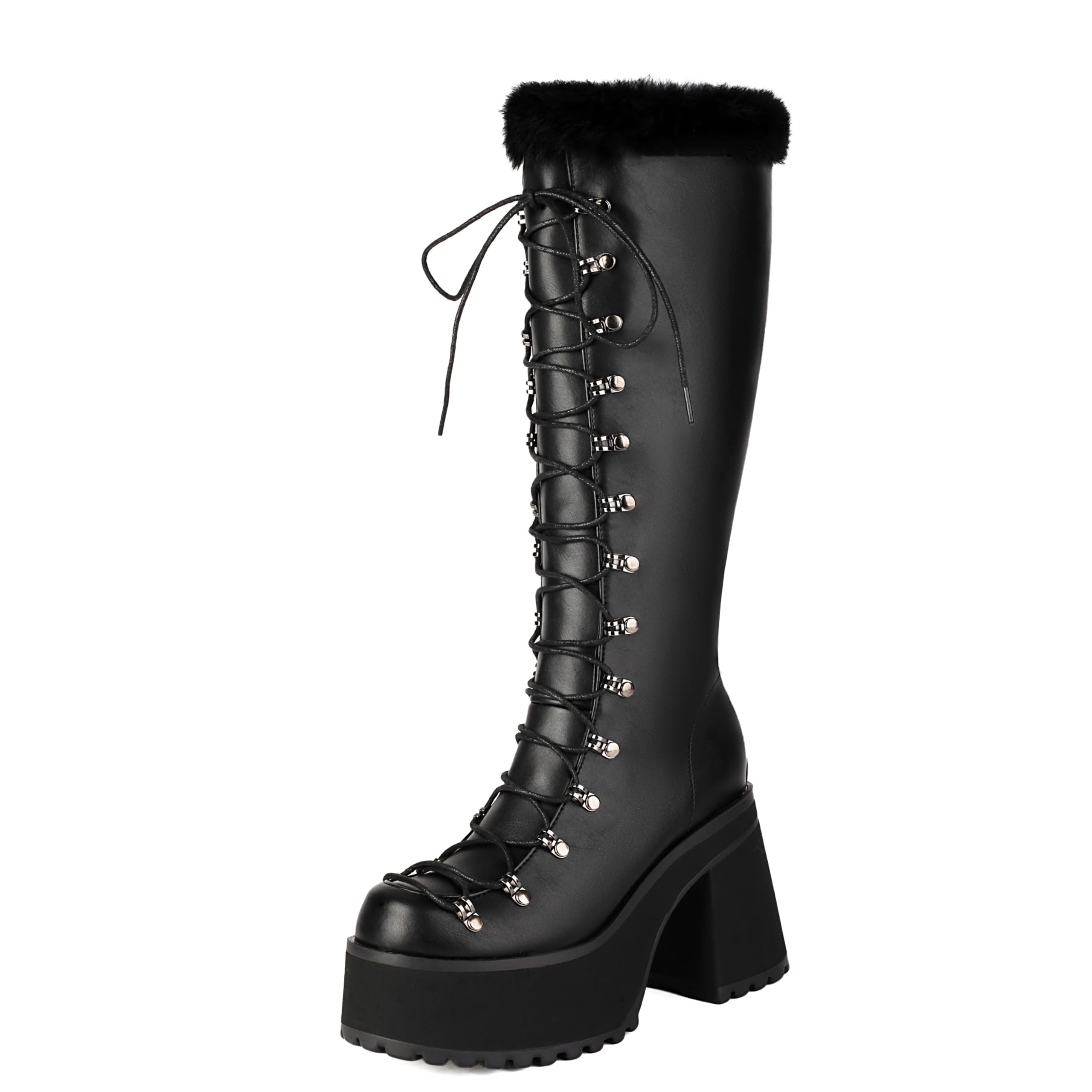 Shinelly Womens Knee High Combat Boots Faux Fur Platform GoGo Boots Chunky High Heel Side Zipper Riding Booties