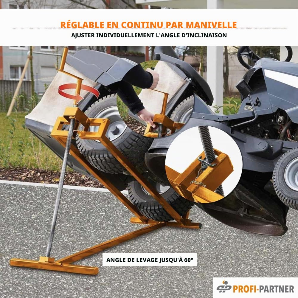 Lève-tondeuse inclinable – Dispositif de levage jusqu’à 400 kg | Réglable en continu, pliable & stable | Pour tondeuses, quads, tracteurs-tondeuses et autres