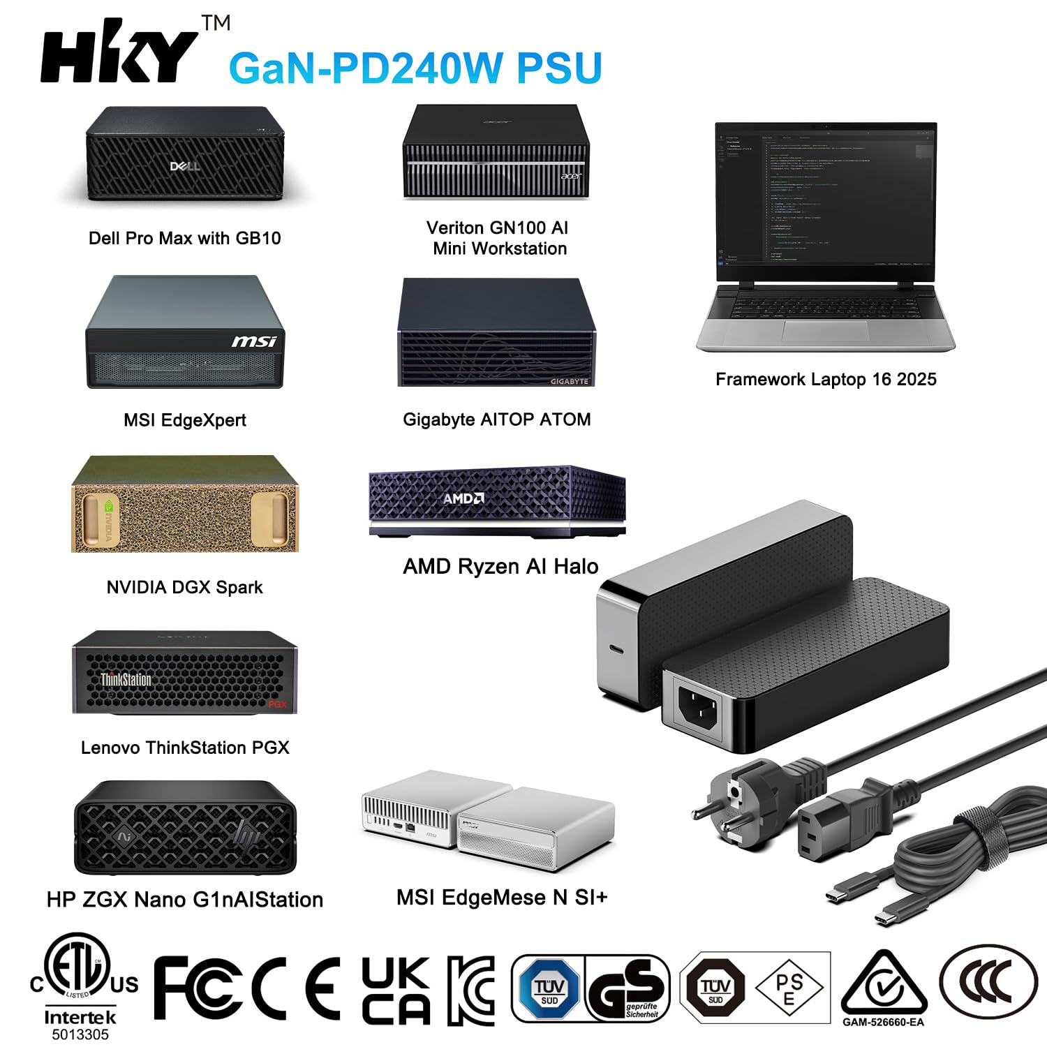 HKY 240W USB C Caricatore 48V/5A 36V/5A 180W GaN PD3.1 con Cavo USB C Rimovibile per Gaming Laptop,Thunderbolt 5 AI PC, Industrie PC, Altoparlanti, Drones, E-bike, Robot, Controller Gioco Alimentatore