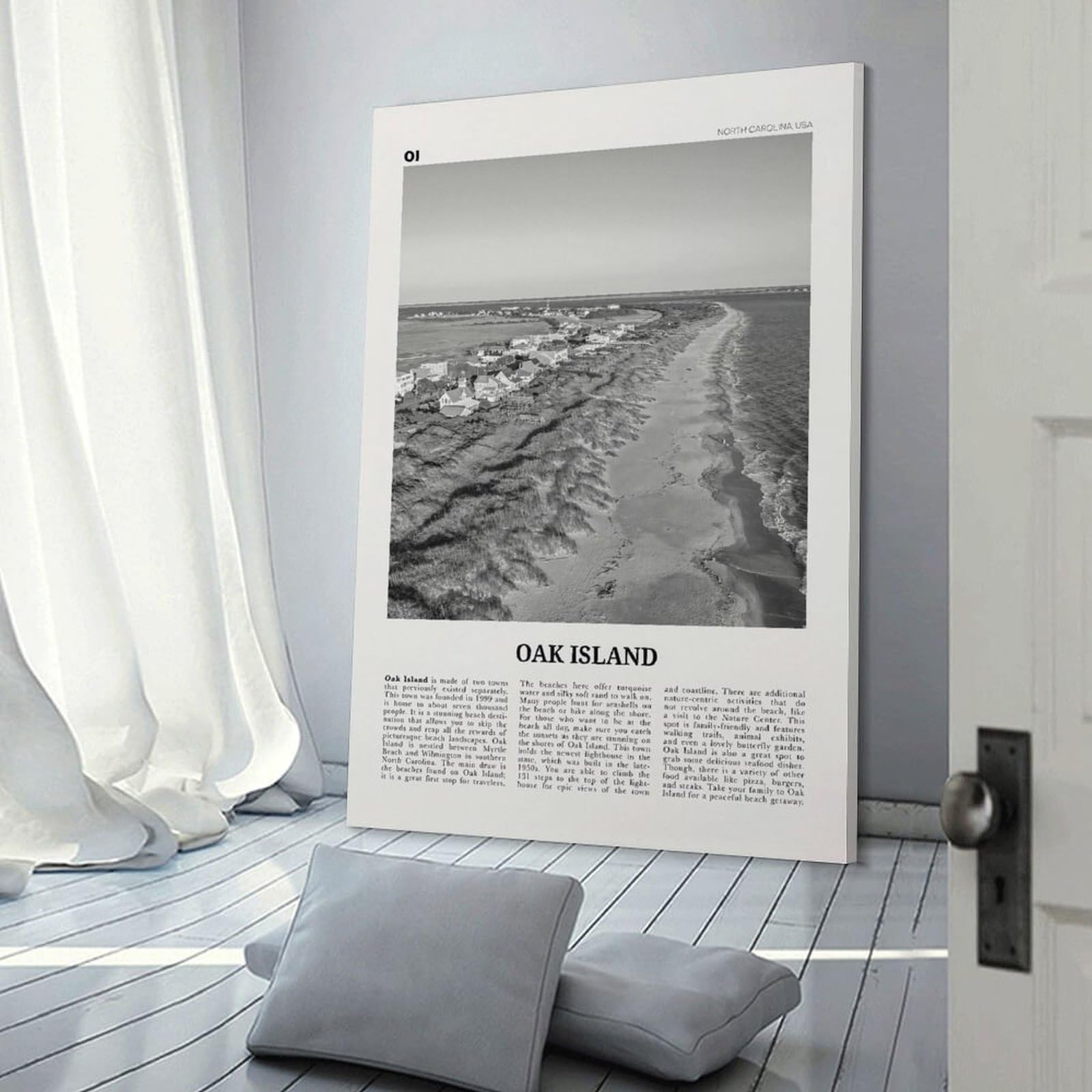Impresión en Blanco y Negro de Oak Island, Arte Mural de Oak Island, póster de Oak Island, Foto de Oak Island, Mapa de Oak Island, Carolina del Norte, EE. UU. Póster de Lienzo para Pared