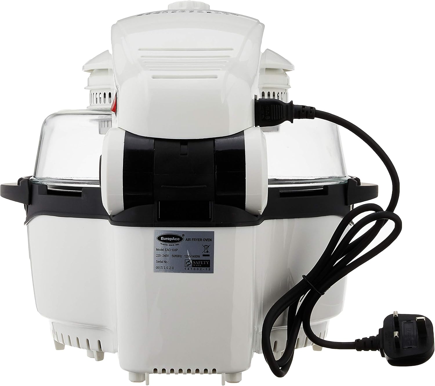 Rear view of the EuropAce 5-IN-1 Air Fryer Oven (EAO103P) showing the power cord and product label with model number and electrical specifications.