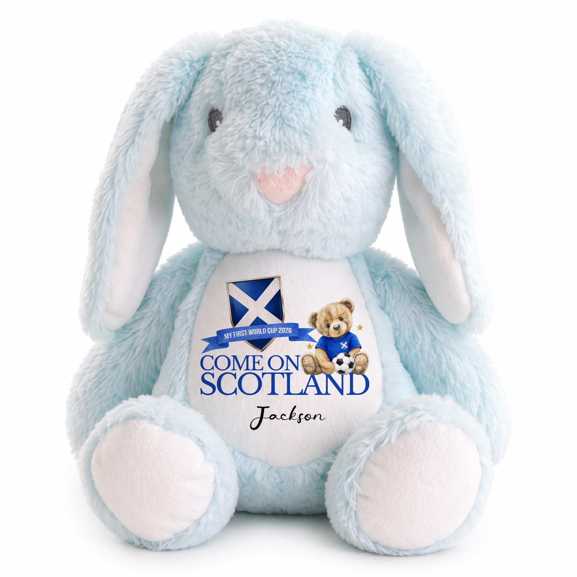 Personalised Scotland Bunny Teddy – My First World Cup 2026 Plush Rabbit – Custom Name Baby Keepsake Toy – Football Gift Newborn