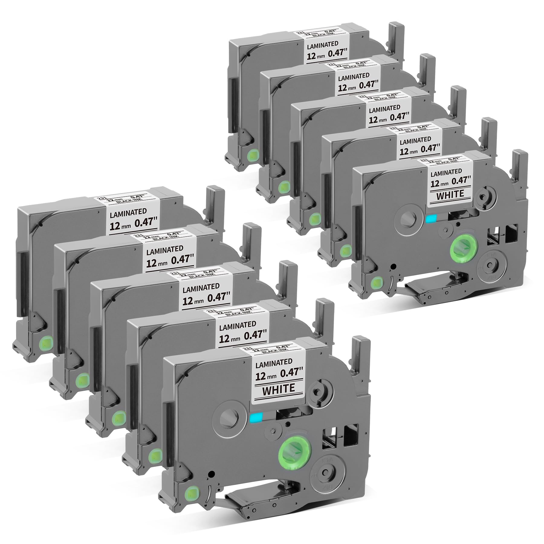 Pillex 10-Pack 12mm 0.47 Laminated White Label Tape Replacement for TZe-231 Brother Label Maker Tape, AZe Black on White Label Tape Compatible with