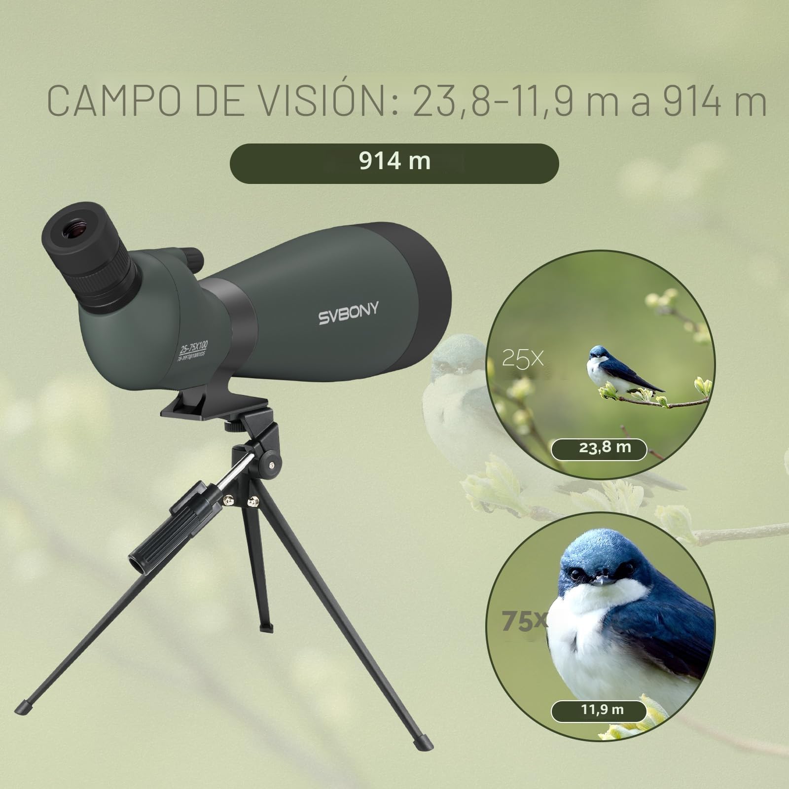 Svbony SV28 25-75x100mm Telescopio Terrestre con Trípode, Gran Campo de Visión Imágenes Claras y Brillantes, HD Bak4 FMC Telescopio Terrestre con Adaptador, para Tiro al Blanco, Observación de Aves