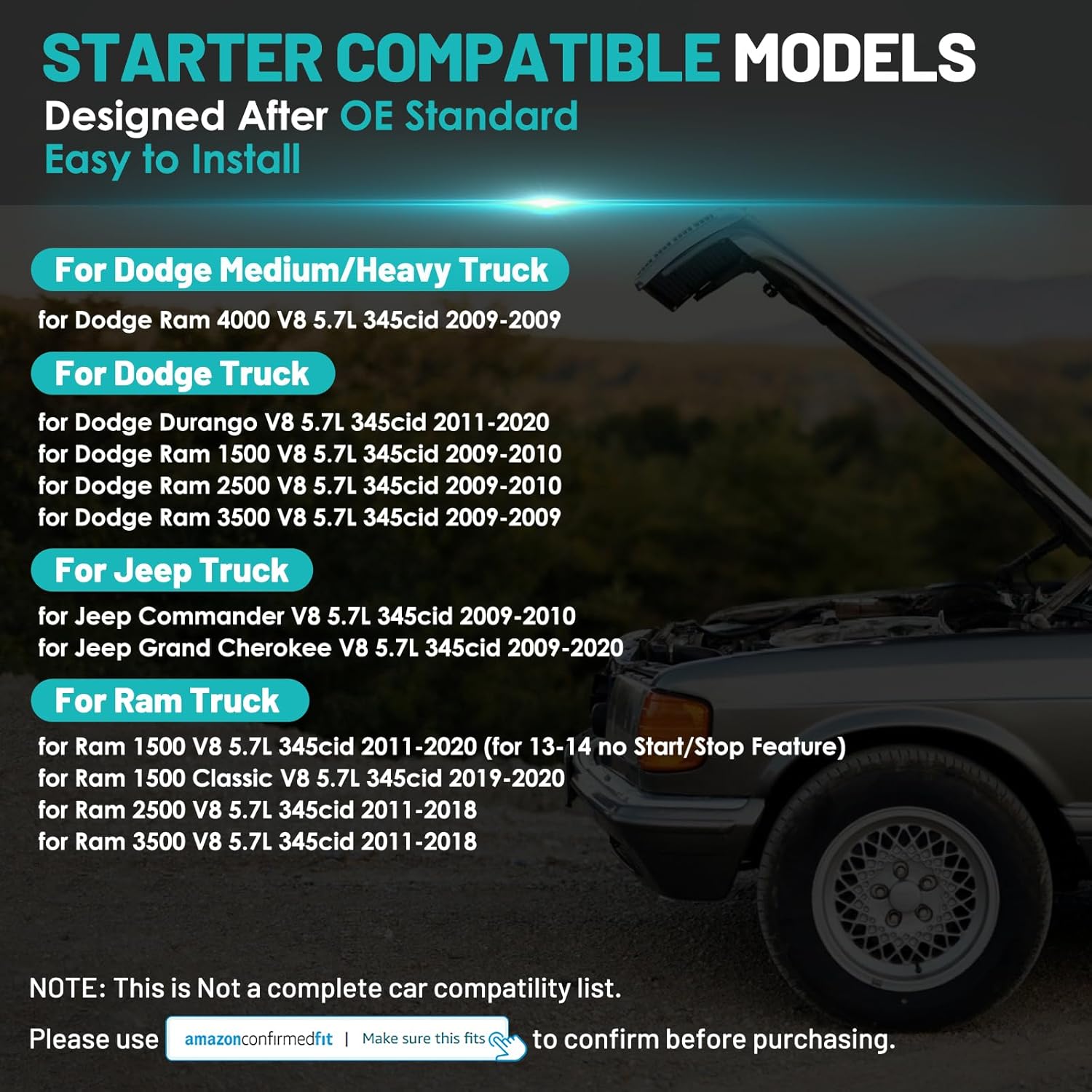 17948 Starter Motor Fit for Dodge Durango, for Ram 1500 2500 3500, for Jeep Grand Cherokee Commander Automotive Replacement Starters#M0T23271, 56044736AB, 56044736AC, R6044736AC Engine Starter