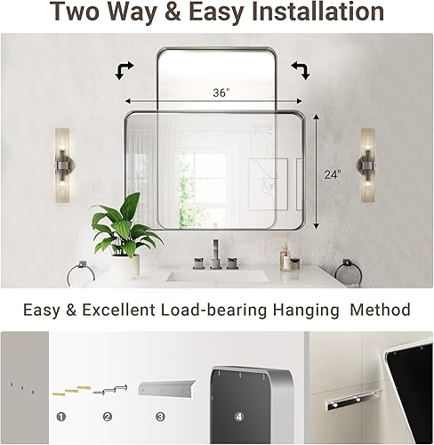 Miniatura 4 de QueenFun - Espejo de baño de 24x36 pulgadas con marco de níquel cepillado para pared, espejo moderno con marco rectangular redondeado para tocador
