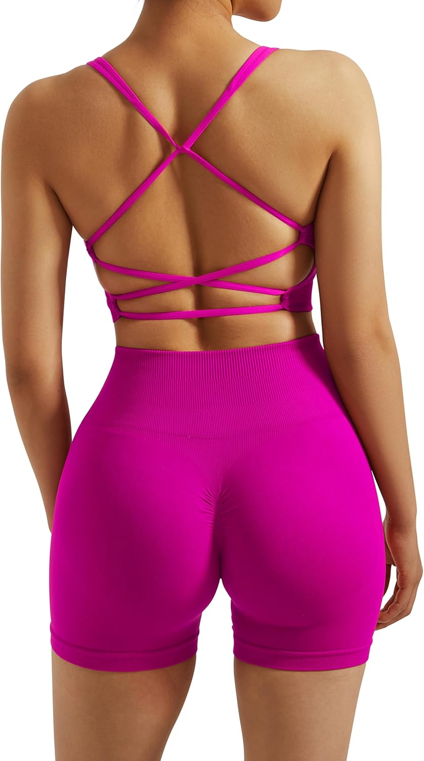 RXRXCOCO Seamless Workout Sets for Women 2 Piece Strappy Sports Bras Scrunch Butt Booty Shorts Matching Yoga Tracksuits