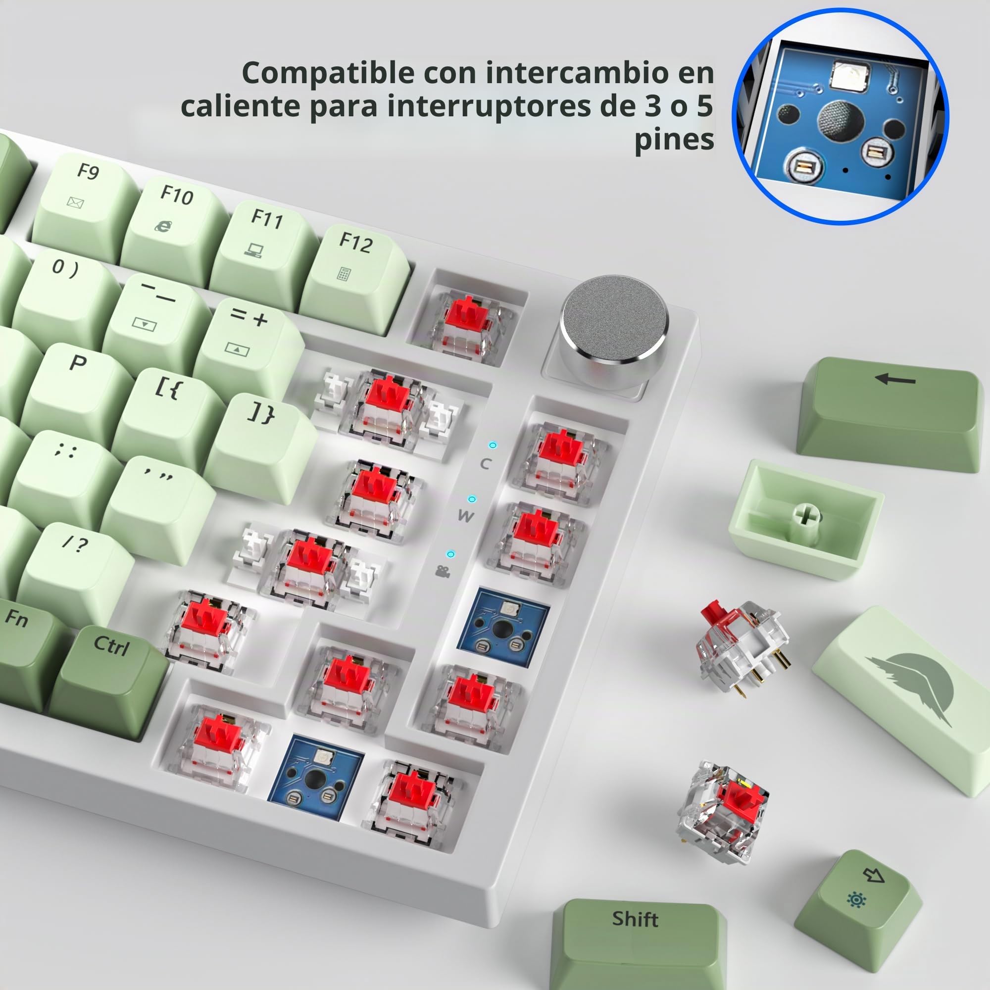 SOLIDEE Teclado Intercambiable en Caliente 75%,Retroiluminación RGB con Interruptor Rojo,TTeclado para Juegos de 82 Teclas TKL,Teclado Compacto NKRO con Control de Perilla de Aluminio(82 Matcha)