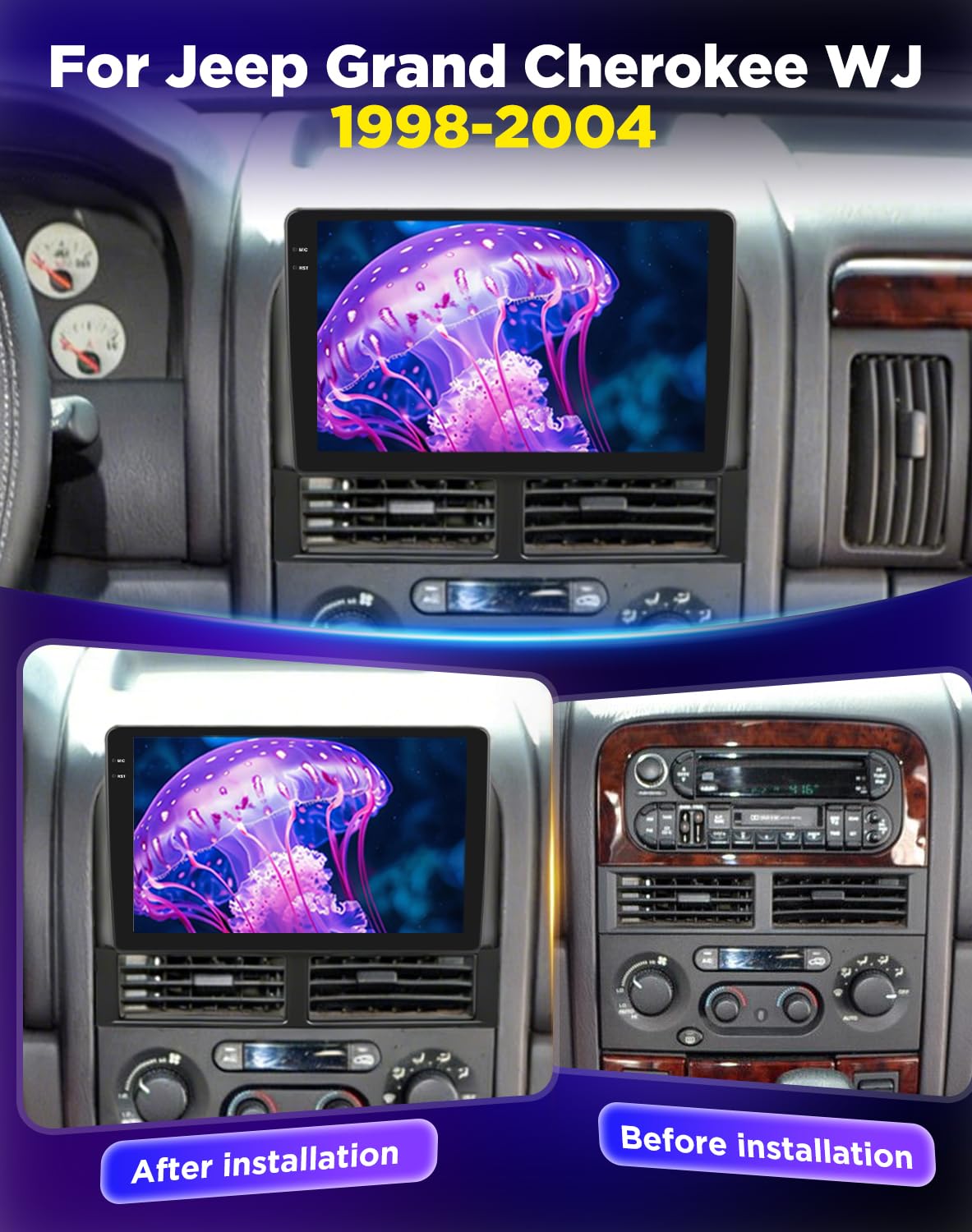 NHOPEEW 4+128G Autoradio per Jeep Grand Cherokee WJ 1998-2004 con Wireless Carplay e Android Auto - Schermo incell da 9 pollici Supporto WiFi GPS Comandi al volante + Telecamera di retromarcia, Canbus