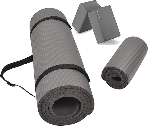 Fitvids Esterilla de yoga y rodillera multiusos de 12 pulgada extra gruesa de alta densidad antidesgarro con correa de transporte y bloques de yoga