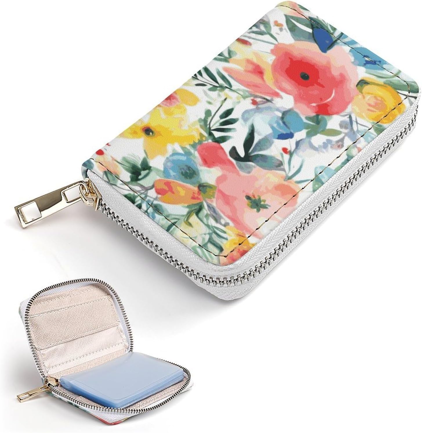 Bright Floral Watercolor Card Holder RFID Blocking,Credit Card Wallet for Women And Men,Card Case Organizer Bag with Zipper
