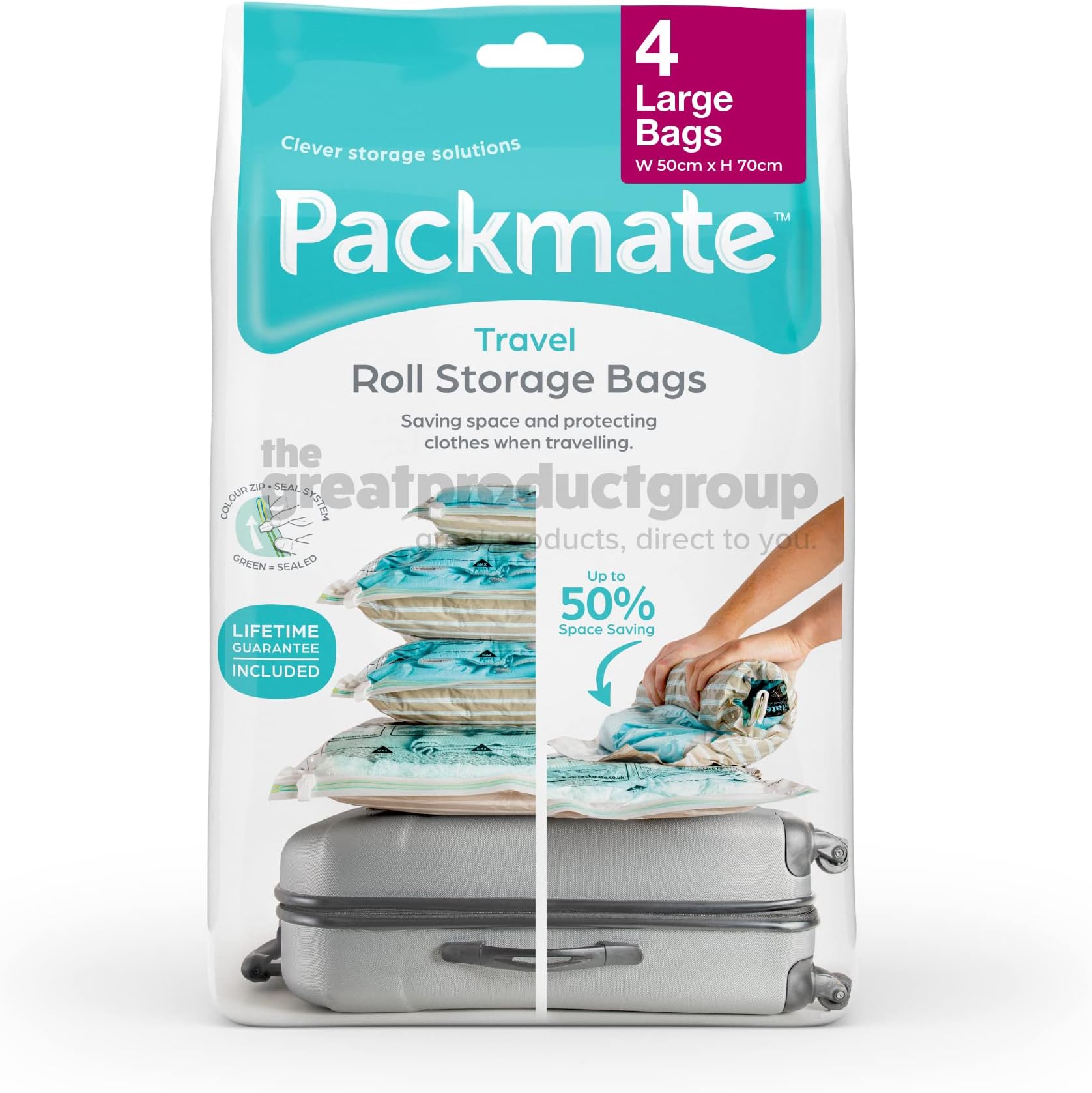 Packmate Roll Up Travel Bag I Premium Reusable Space Saver Pack Storage bag | Set of 4 | Large, 50 x 70 Centimetres