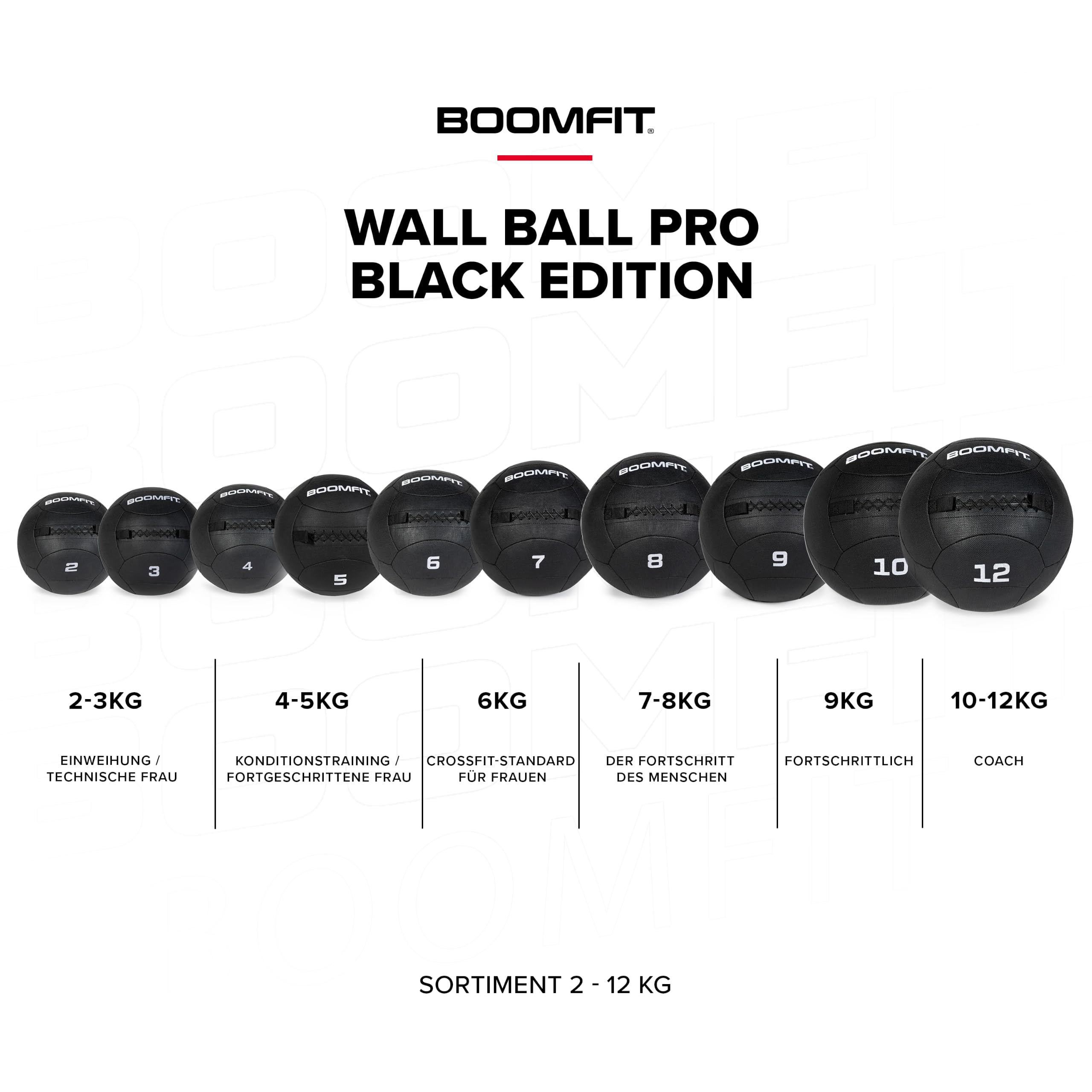 BOOMFIT Wall Ball Pro Black Edition | Medizinball Crossfit & Hyrox | PVC rutschfest, doppelte Kordelnaht und versiegelte Füllung. Schlaufen zum Aufhängen. 2 bis 12 kg für Box und Zuhause