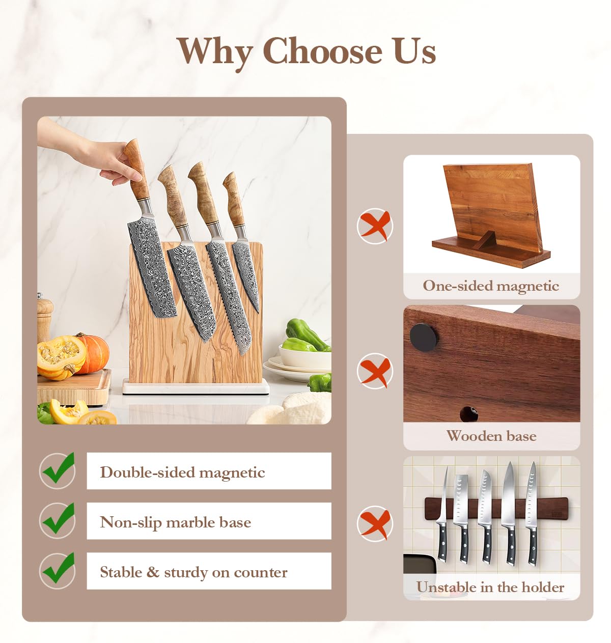 HEZHEN Damasco Set di Coltelli da Cucina Acciaio, Set di Coltelli da Chef Professionali in Acciaio Damasco con Ceppo Portacoltelli Magnetico a Doppia Faccia, Blocco Coltelli da Cucina in Legno di Uliv