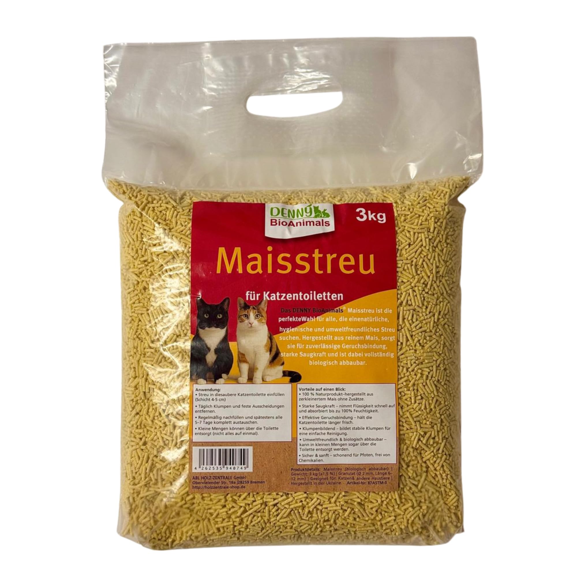 Maisstreu Katzenstreu 30 kg (10 Säcke je 3 kg), 80 L – 100% natürlich & biologisch abbaubar – klumpend, staubfrei & geruchsneutral – nachhaltige Katzenstreu aus Maisfasern. (30 kg)