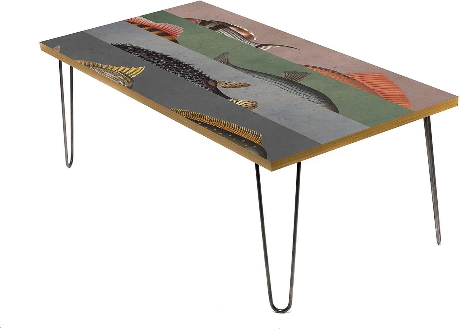 Wood Children's Table with Exclusive LAMOU Design-Digital Print on Baltic Birch-24"48"-Steel Hairpin Legs-Beautiful Pastel Fish Pattern