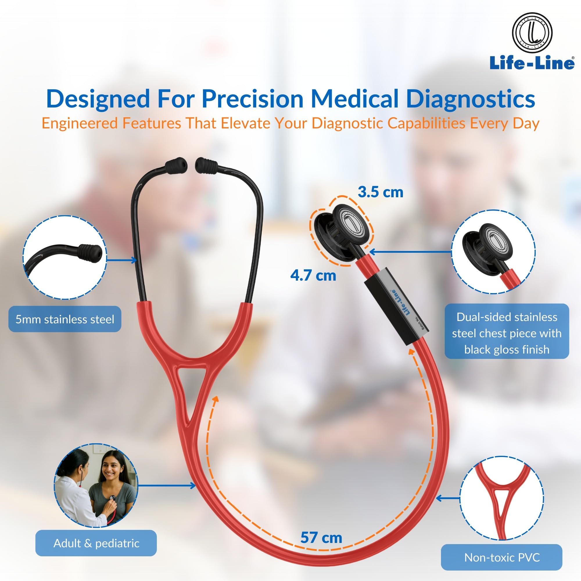 LIFE LINE L3 Titanium Stethoscope (Red) | Dual Side Diaphragm Chest Piece for Adult and Paediatric | 2-way Tube | Best for Doctors 1