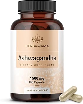 HERBAMAMA Ashwagandha Supplements for Stress Relief 1500 mg Pure Ashwagandha Root for Calm & Relaxation Vegan, Non-GMO Calming Supplements for Adults, 100 Capsules
